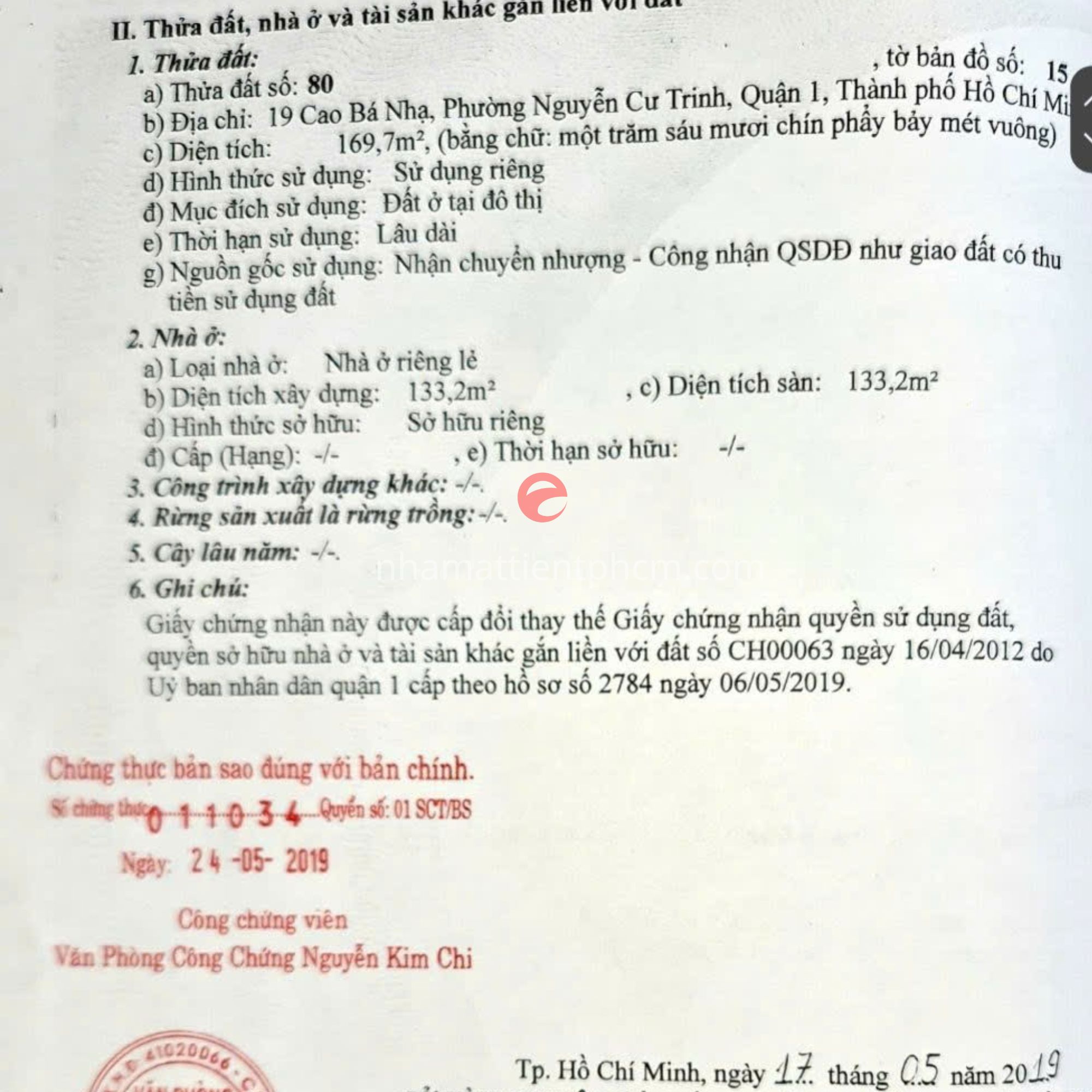 Sổ đỏ bản sao (đúng với bản chính) của căn nhà 19 Cao Bá Nhạ, Quận 1